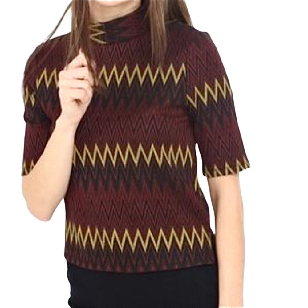 ZARA Top Mock Neck Crop Zig Zag Chevron Texture Short Sleeve Black Maroon Gold M